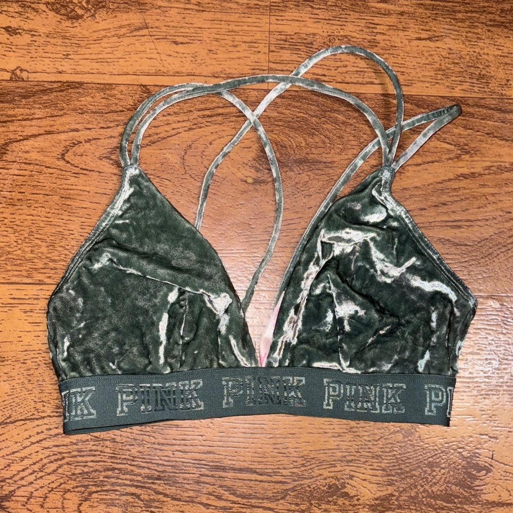 PINK Victoria's Secret Velvet Olive Green Strappy Bralette
